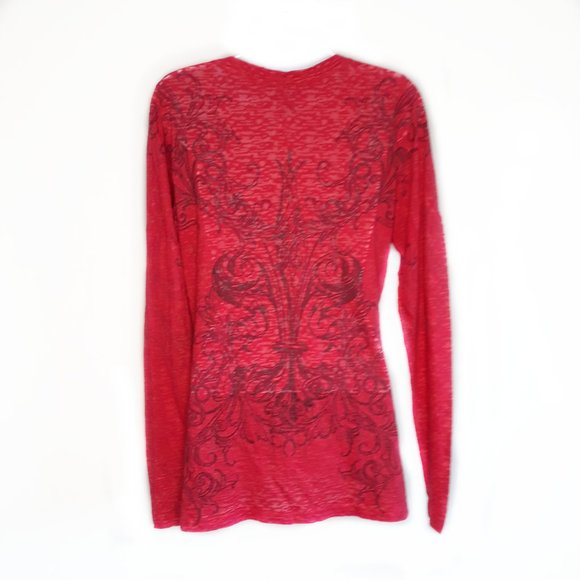 ROPER • Large red top v-neck long sleeve shirt western sequins sheer women's - Picture 2 of 7
